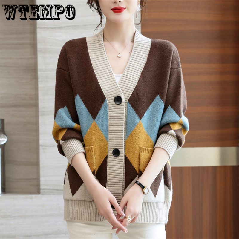 Осенне-зимний вязаный свитер, новый универсальный свитер с цветными блоками для женщин, стильный маленький кардиган, свитер с V-образным вырезом
