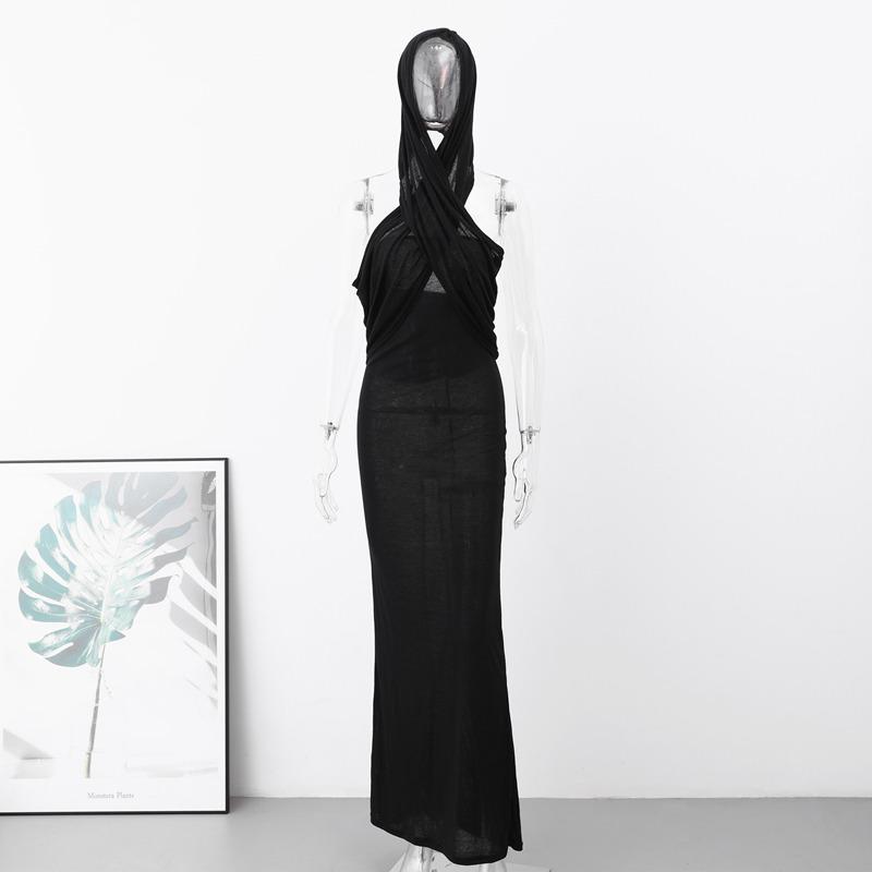 Прозрачное платье с капюшоном Сексуальные узкие длинные платья с открытой спиной Женские 2023 Элегантное платье-футляр Maxi Vestido с круглым вырезом и высокой талией Slim Fit Цельное платье