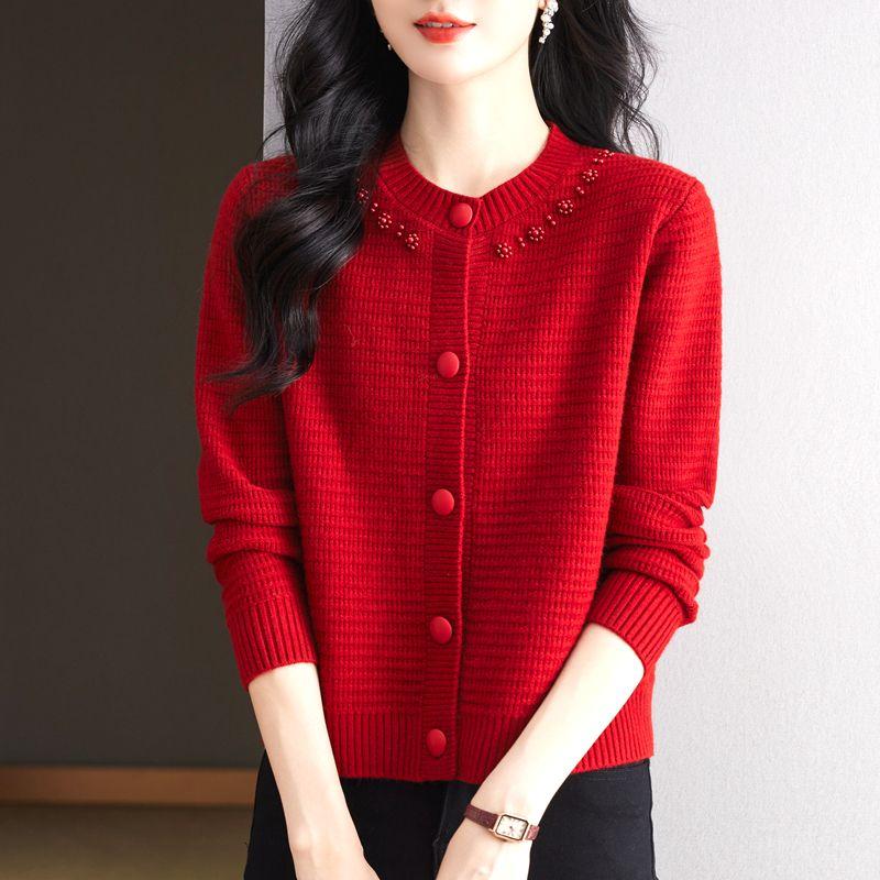 Autumn and Winter Fashion Women's Sweater Knitted Cardigan Round Neck Pearl Sweater Coat Thickened