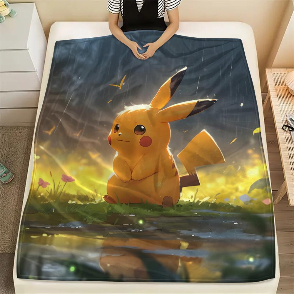 Cute Pikachu Print Flannel Blanket, High quality Comfortable for All Seasons, Home Decor, Warmth and Comfort