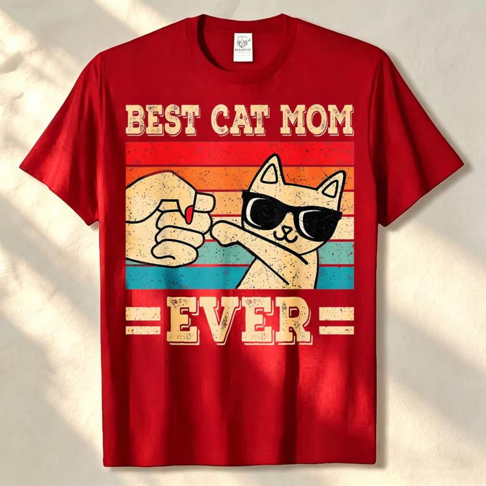 Unisex Cotton T-shirt Best Cat Mom Ever Funny Kitten Lover Graphic T‑shirt Unisex Vintage Washed Cotton Short Sleeve Harajuku Streetwe Unisex,gift,Top