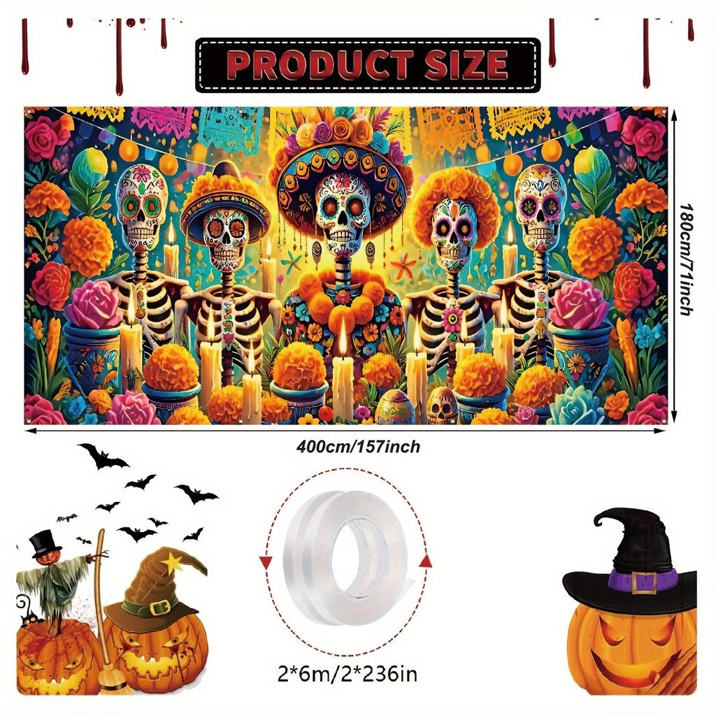 A colorful Mexican Day of the Dead flower and candle decorated garage door banner, polyester, suitable for Halloween