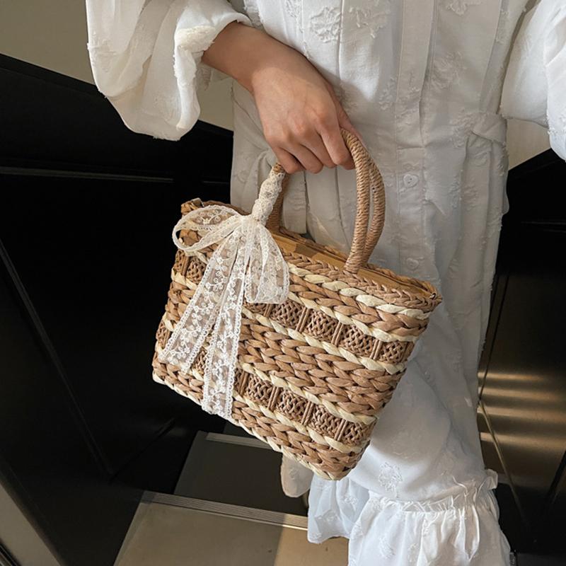 Дорожная праздничная кружевная плетеная сумка-ведро с ручкой сверху, большая вместимость, летняя пляжная соломенная плетеная сумка ручной работы через плечо