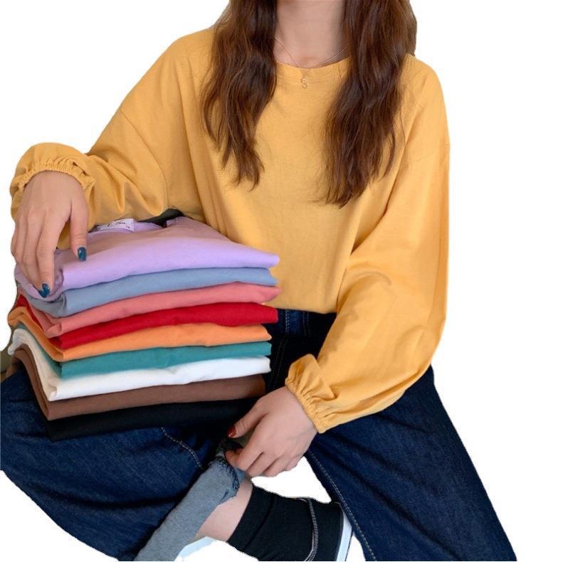 2025 Весна Женская однотонная свободная футболка с рукавами-фонариками