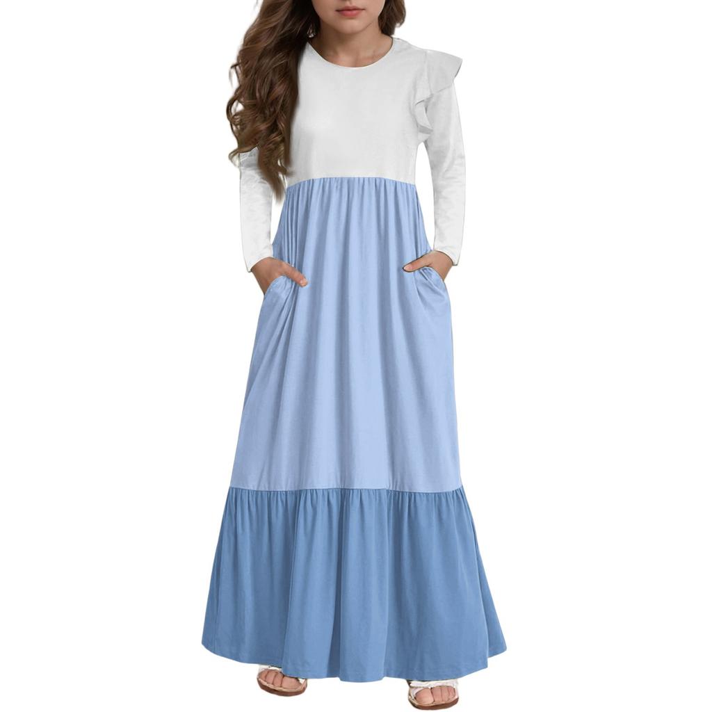 Girls' Tiered Ruffle Dress - Long Sleeve Printed Maxi With Pockets