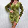 Autumn and Winter Women's V-neck Long Sleeve Hip Wrap Dress Temperament Fashion Sexy Party Velvet Dress Plus Size Slim Dress Drawstring Design