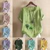 Женская мода с принтом зеленых растений, с круглым вырезом и коротким рукавом, повседневная хлопковая льняная рубашка с рисунком, свободная летняя блузка, топы