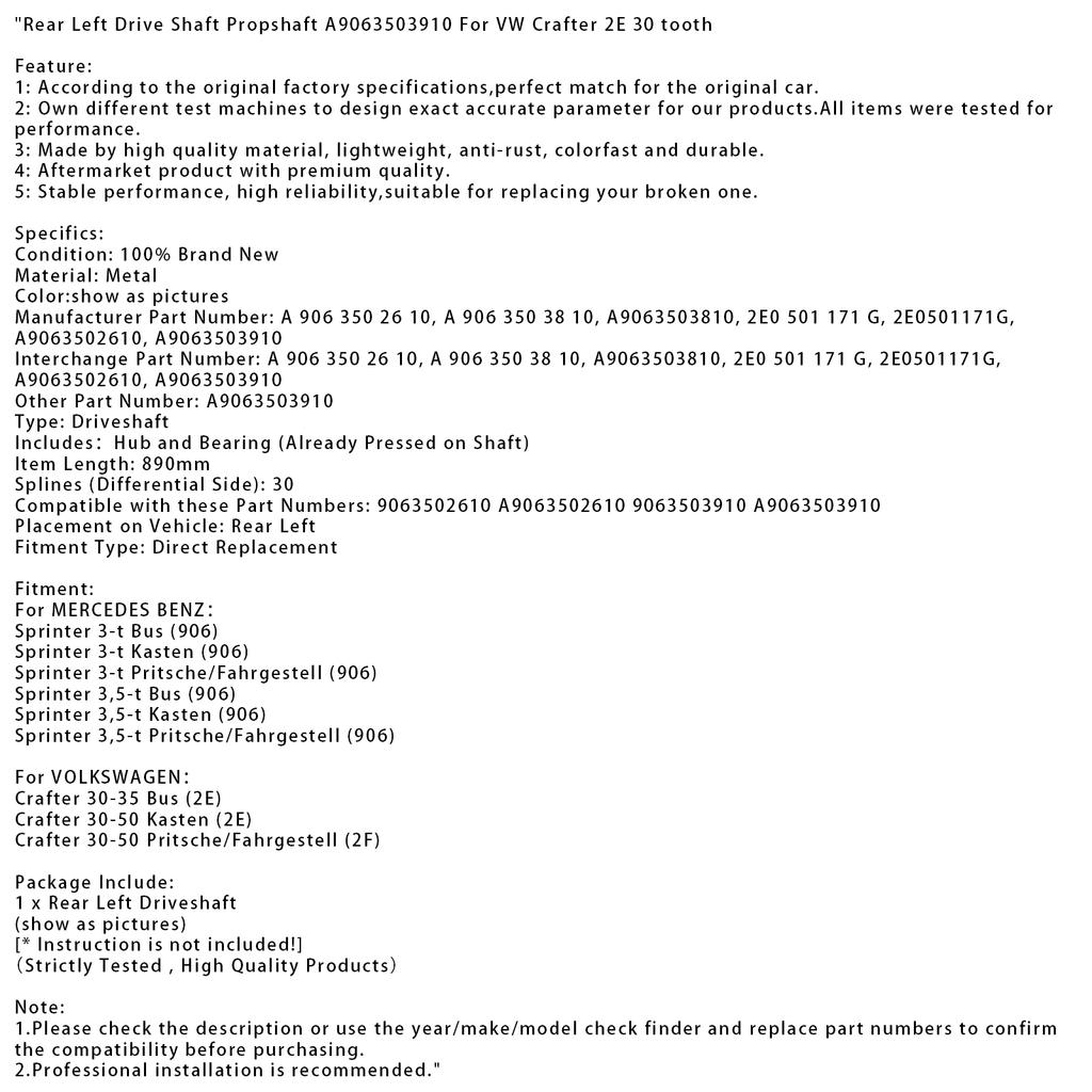 Задний левый приводной вал карданный вал A9063503910 Для VW Crafter 2E 30 зубьев