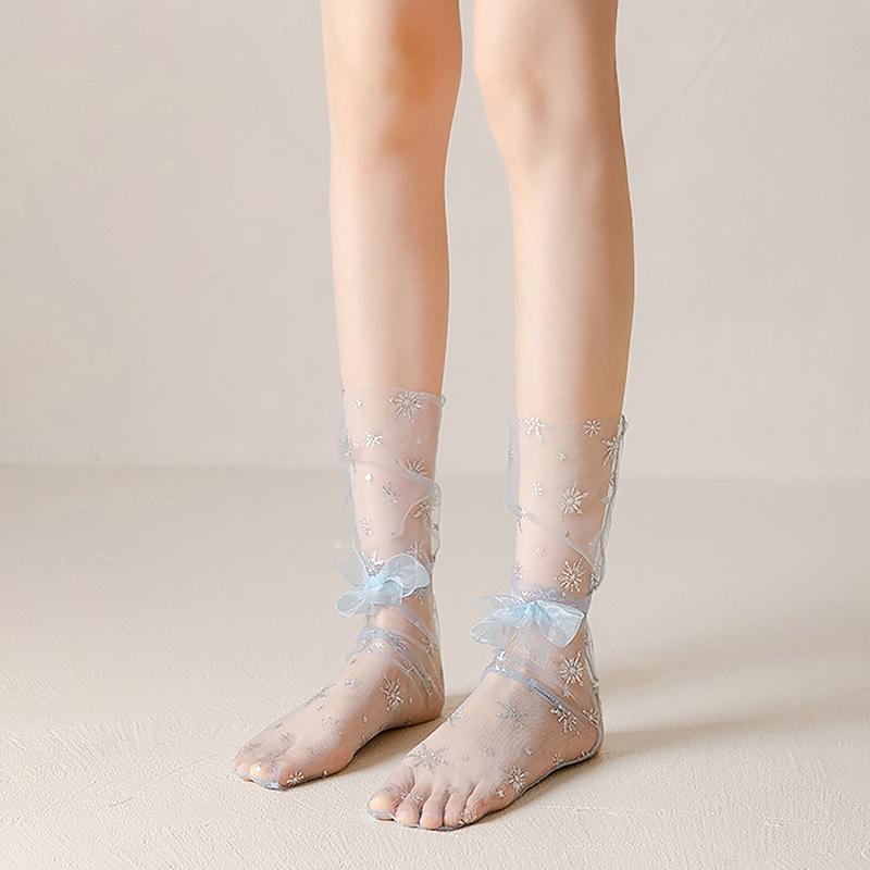 1 пара модных летних прозрачных носков средней длины из тюля с принтом снежинок и бантом Kawaii