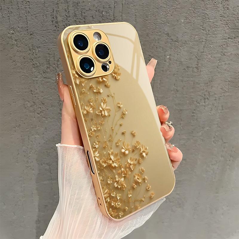 Элегантный Золотой Цветок Золотая Металлическая Краска Стеклянный Чехол Для Телефона Для iPhone 17 16 15 14 13 12 11 Pro Max 15 14 Plus 17 Air 16E Чехол