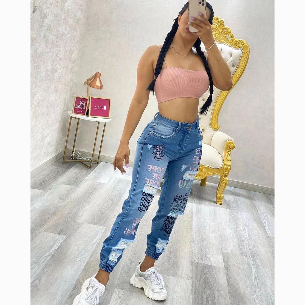 Весенние женские повседневные рваные джинсы, леггинсы с буквенным принтом, брюки