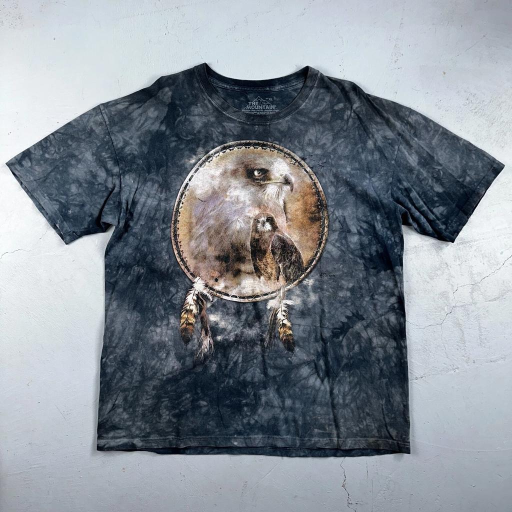 Футболка с tie-dye принтом, винтажная, XL, с изображением духа горы и птицы, племя Соколиной Охоты