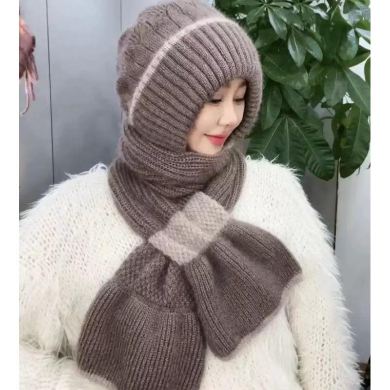 Hat Female Autumn and Winter Warm Knitted Wool Snow Hat Cycling Mother Fashion Ear Protection Headgear Scarf Integrated Hat