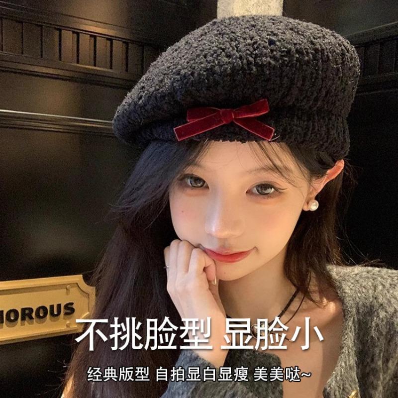 Плюшевый берет с бантом, женская осенне-зимняя новинка, шляпа художника, маленькая шляпка, подчеркивающая лицо