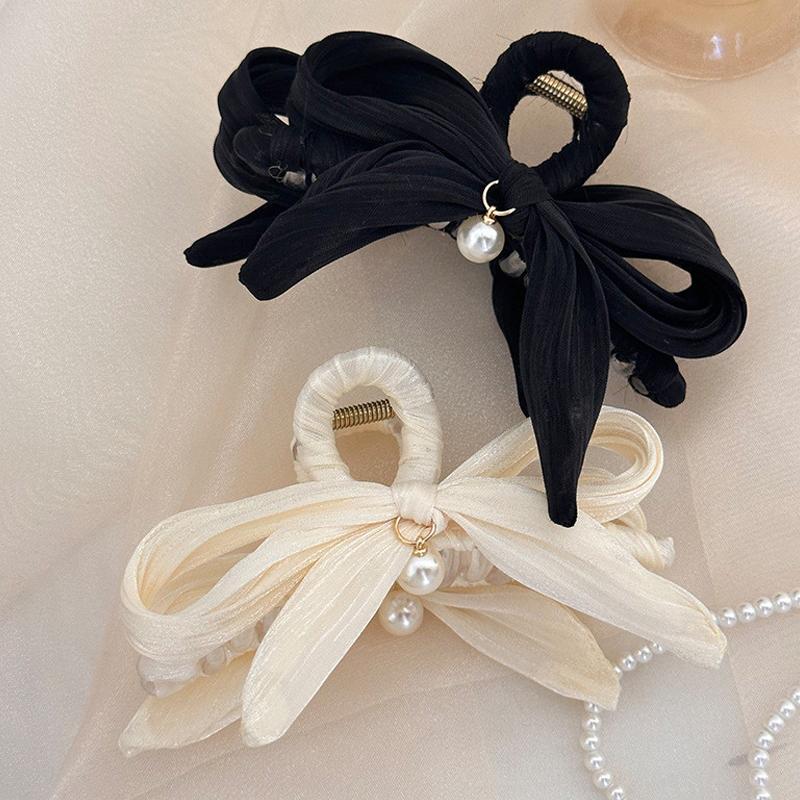 French Pearl Bow Pleated Hair Clips Women Korean Elegant Shark Clip Hair Accessories