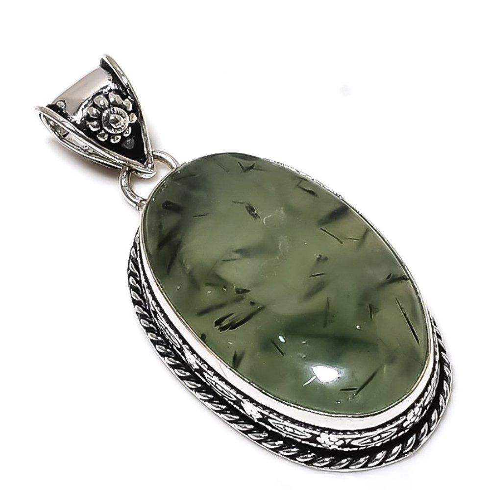 Natural Moss Prehnite Gemstone 925 Sterling Silver Gift Pendant 2.25" A6n46