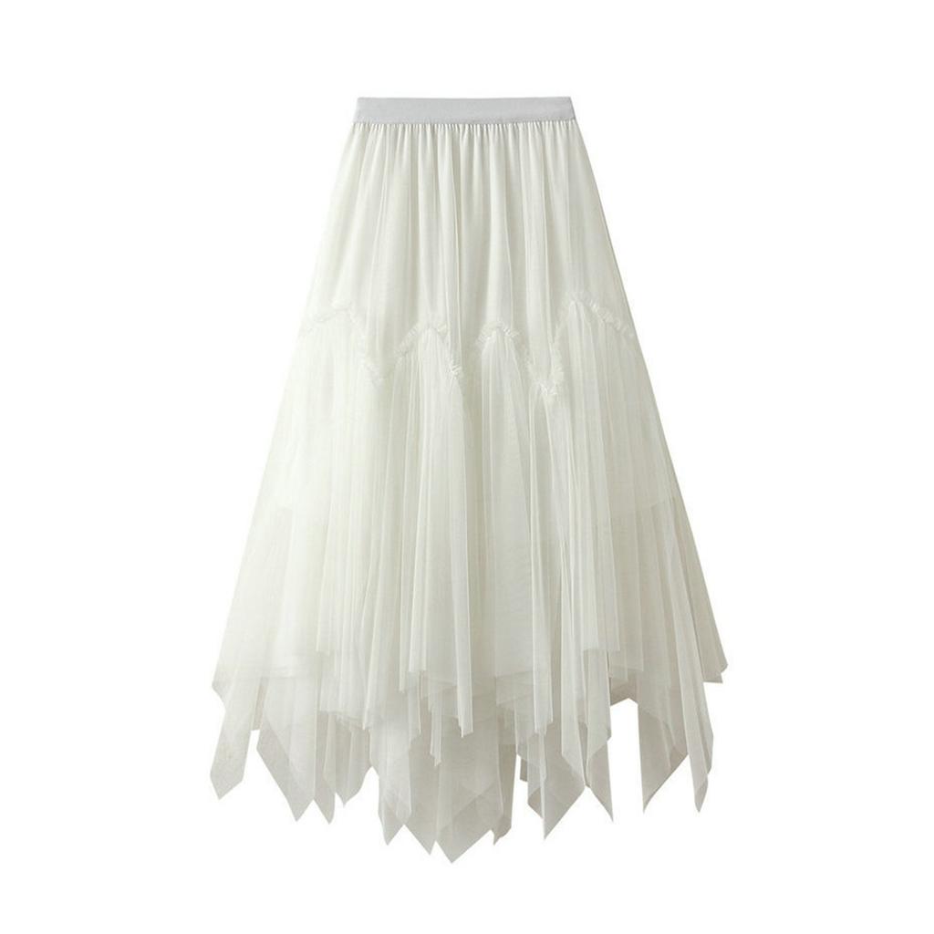 Женская модная повседневная однотонная юбка с высокой талией и оборками из сетки длиной до пола