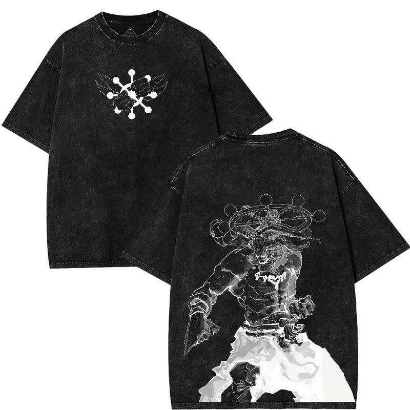 2026 New Summer Jujutsu Kaisen Anime Sukuna Vintage Washed Oversized Tee Unisex Dual Side White Sketch Print Casual Streetwear
