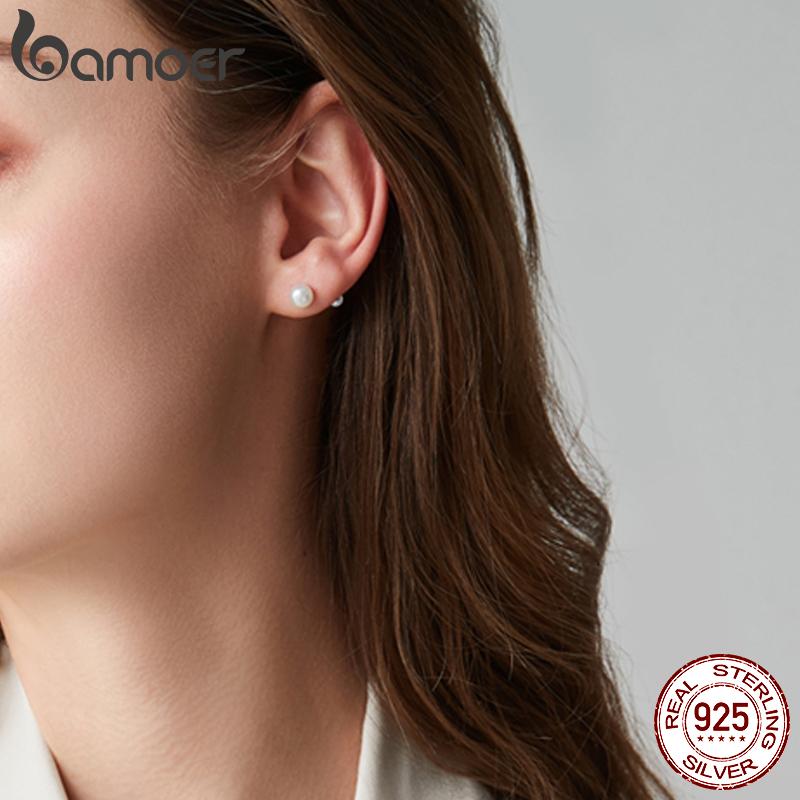 BAMOER Серьги-гвоздики из серебра 925 пробы с жемчужными бусинами для женщин, модные мини-серьги-шарики, тонкие ювелирные изделия для повседневного ношения