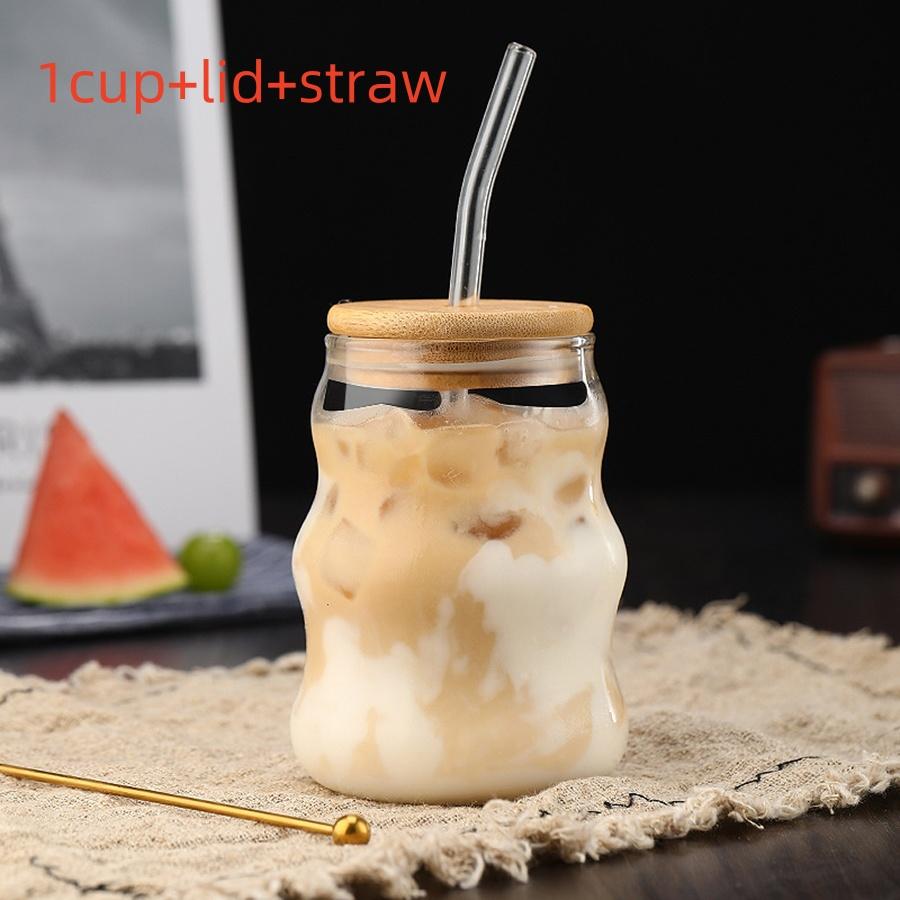Питьевые стаканы с бамбуковыми крышками и стеклянной соломинкой 15 унций Набор стеклянной посуды Стеклянный стакан для холодного кофе, сока, напитков, молока