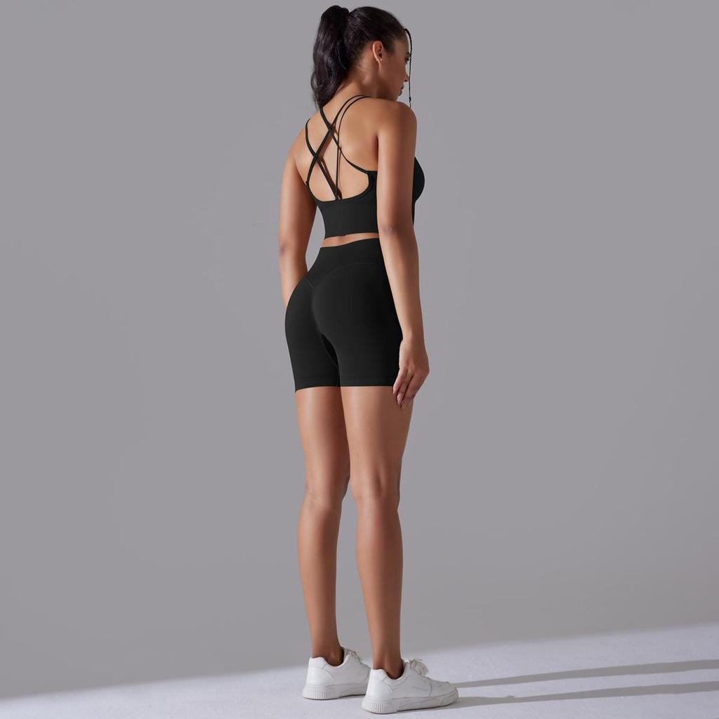 Бесшовный вязаный однотонный спортивный костюм с высокой эластичностью на спине для йоги и бега, комплект из двух предметов