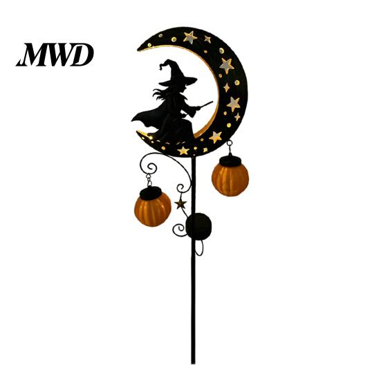 Automatic Light for Walkway Solar Halloween Witch Pumpkin Moon Garden Stake Light, Waterproof on Crescent Metal Yard Ornaments with Lantern,