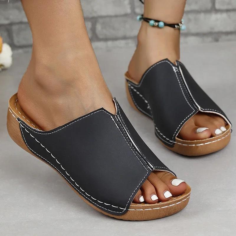Fashion 2024 Summer Fashion Comfortable Mid-heel Casual Wedge Slip-up Women's Slippers