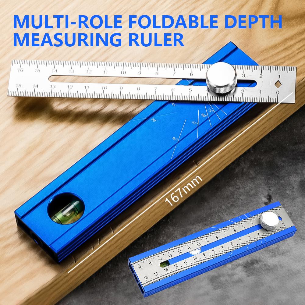 Multi-Angle Woodworking Marking Ruler 6-in-1 Foldable Alloy Depth Gauge With Bubble Level 15°-90° Adjustable Square Layout Tool
