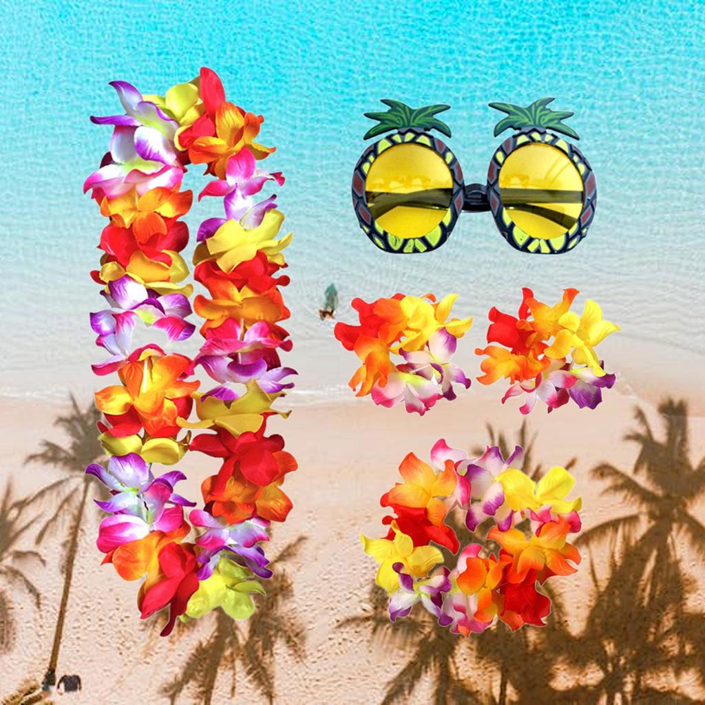Милый гавайский костюм с ожерельем, пляжный аксессуар, регулируемый комплект, повязка на голову, танцевальная одежда, очки для взрослых, вечеринка