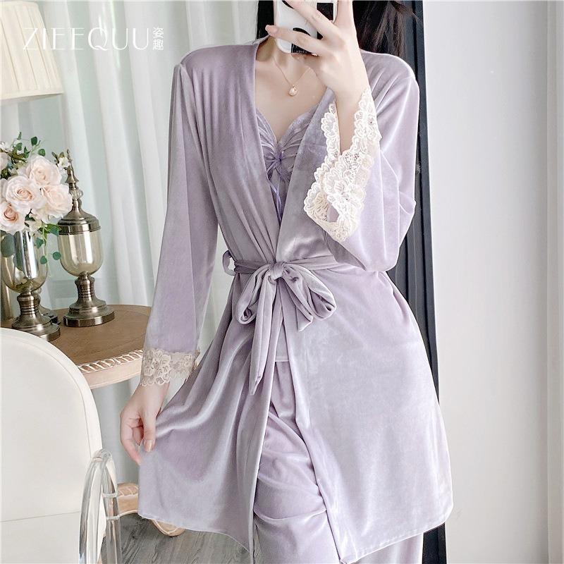 Winter Light Luxury Sexy Pajamas Girls Gold Velvet Suspender Lace Nightdress Robe Set Loungewear 7