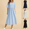 Women's Fashion Solid Color Dress Large Loose Cotton Linen Round Neck Five-Part Sleeve Mid-Length Dress