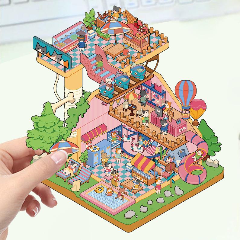 Cartoon Landscape Stickers Multiple Miniature World 3D Hut Unzip DIY Scene Manual Post