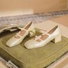 53305 [sheepskin] High Heels Women's Thick Heel 2025 New One-word Belt Mary Jane Shoes Square Head Splicing Sheet