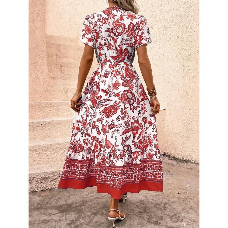 Hot Selling Women's Blue Retro Ethnic Print Vacation Dress Casual Slim Waist Crossbody Apparel Fashion