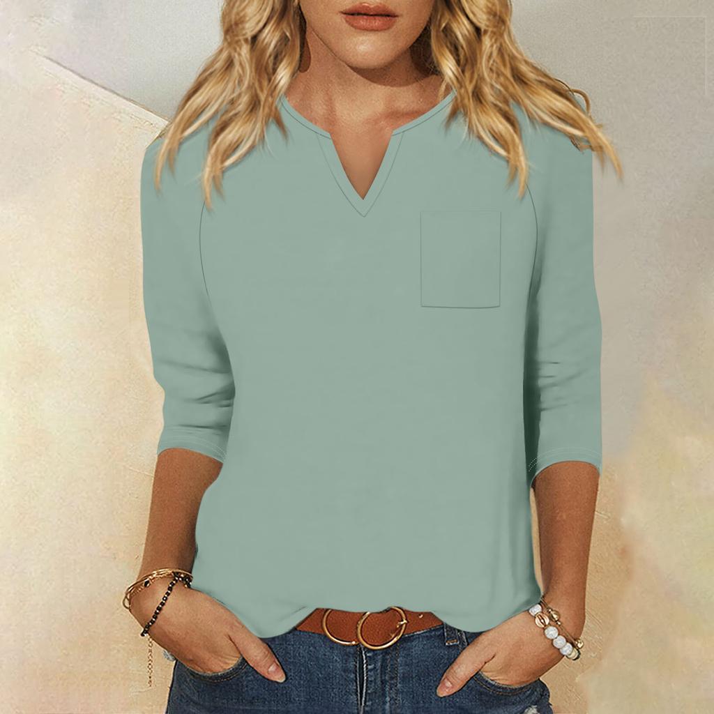 Женская модная рубашка, повседневная рубашка с рукавами реглан, карман, V-образный вырез, рукав 3/4, свободная футболка с принтом, женский топ
