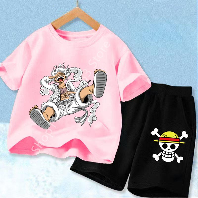 Ideal for Anime Fans, Comfortable and Fashionable Children's Clothing Cute One Piece Tony Tony Chopper Printed Kids T-Shirt Set