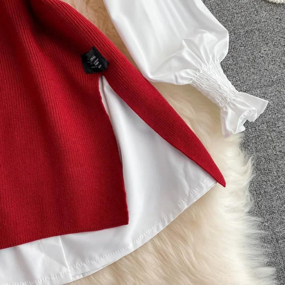 Новая Мода Корейский Офис Леди Лацкан Рукава-фонарики Белая Рубашка + Трикотажный Жилет с V-образным вырезом Повседневный Костюм-двойка Женская Одежда