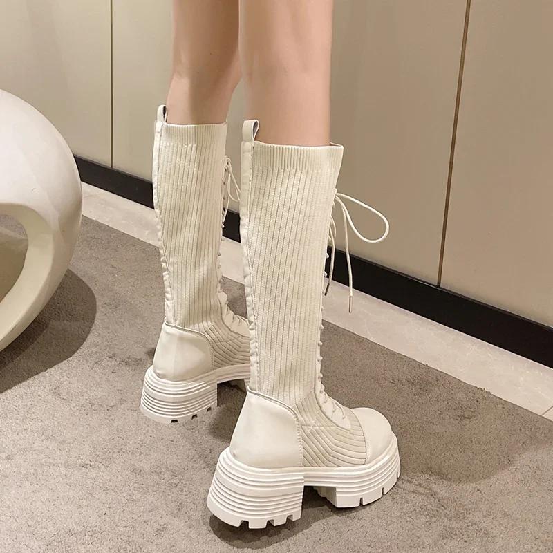 Rimocy 2025 Autumn Winter New Chunky Platform Long Boots Women Thick-soled Stretch Knitted Knee High Boots Woman Botas De Mujer