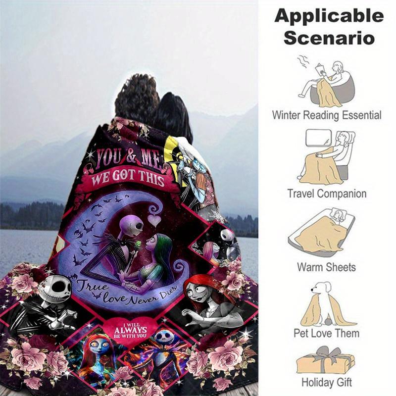 1pc. Cute Nightmare Before Christmas Jack & Sally Romantic Scene Blanket, Perfect for Home Decor, Gift Idea, Seasonal Use, Cozy Throw Blanke