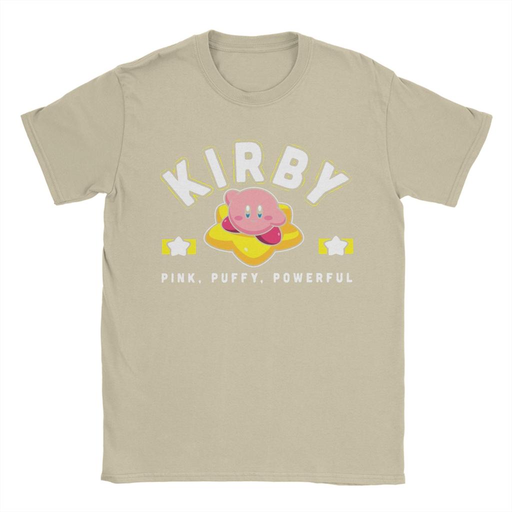 Kirbys Pink Puffy Powerful Star Frame Varsity TShirt Men Pure Cotton Tees Short Sleeve T Shirts Birthday Present Clothing
