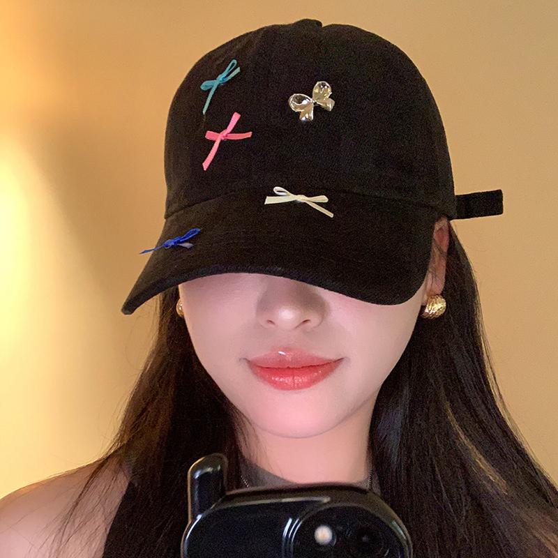 RICYGVM Women Bow Baseball Hat Shiny Rhinestone Duck Tongue Hats Korean Girls Peaked Cap Solid Cotton Outdoor Sunshade Visors