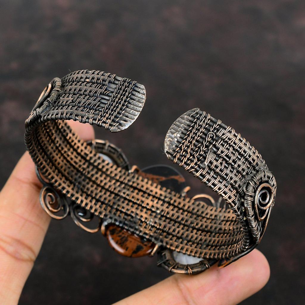 Браслет-манжета из красного дерева обсидиана, обернутый медной проволокой, браслет-манжета из радужного лунного камня, регулируемый браслет, украшения ручной работы, браслет из драгоценного камня, свадебный подарок