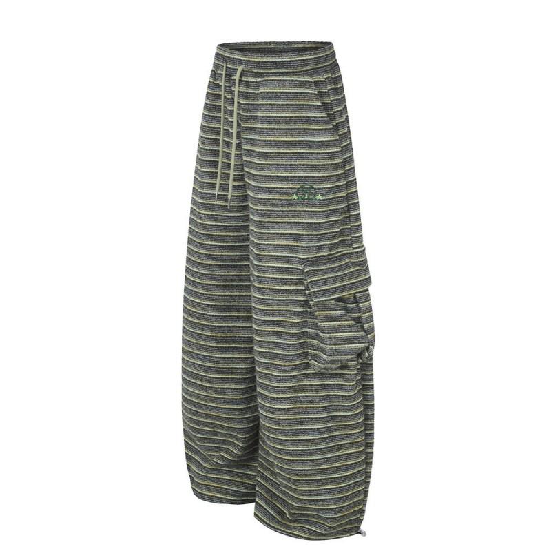 Mens Striped Cargo Pants Loose Wide Leg Casual Trousers Streetwear Style