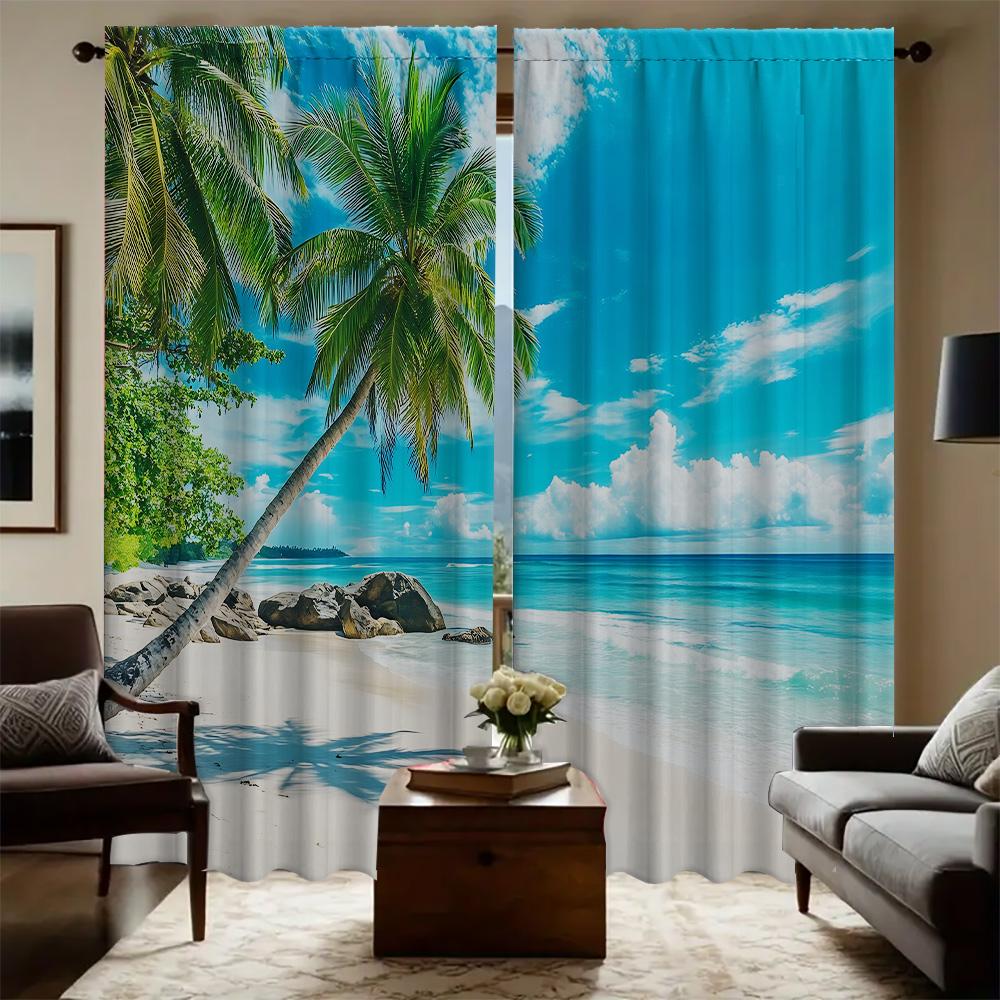 Home Coconut Tree Sea View Curtains Landscape Background Kitchen Coffee Shop Living Room Curtain For Great Made Of Polyester With Pole Pocket