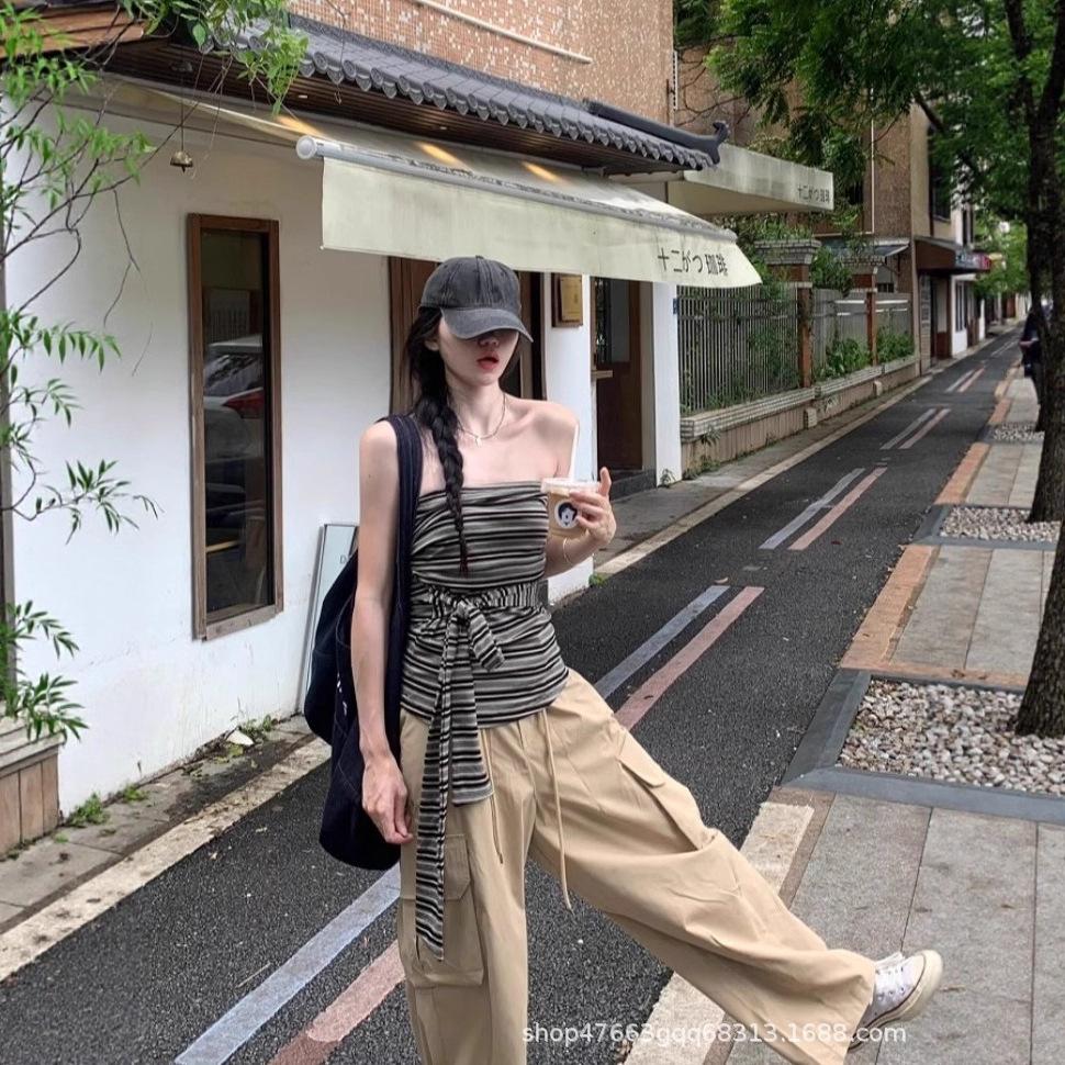 American-style hot girl outfit, striped tie-up sexy strapless top for women, summer floor-length wide-leg pants, casual pants two-piece set