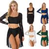 Women Lyrical Dance Costume Lace Sleeves Crop Top Chiffon Flowy Skirted Leotard Two Piece Outfit