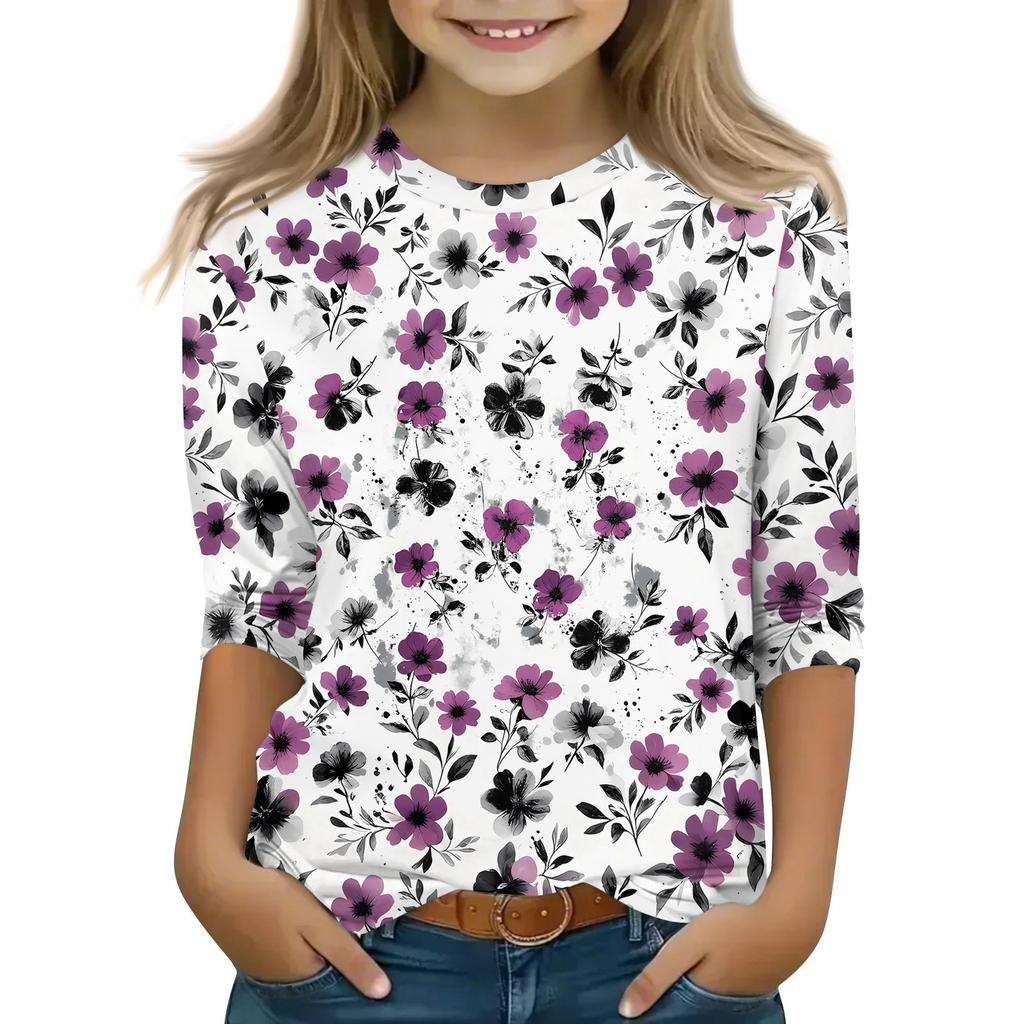 Children's 3/4 Sleeve Tops Casual Print T Shirt Round Neck Pullover Blouse
