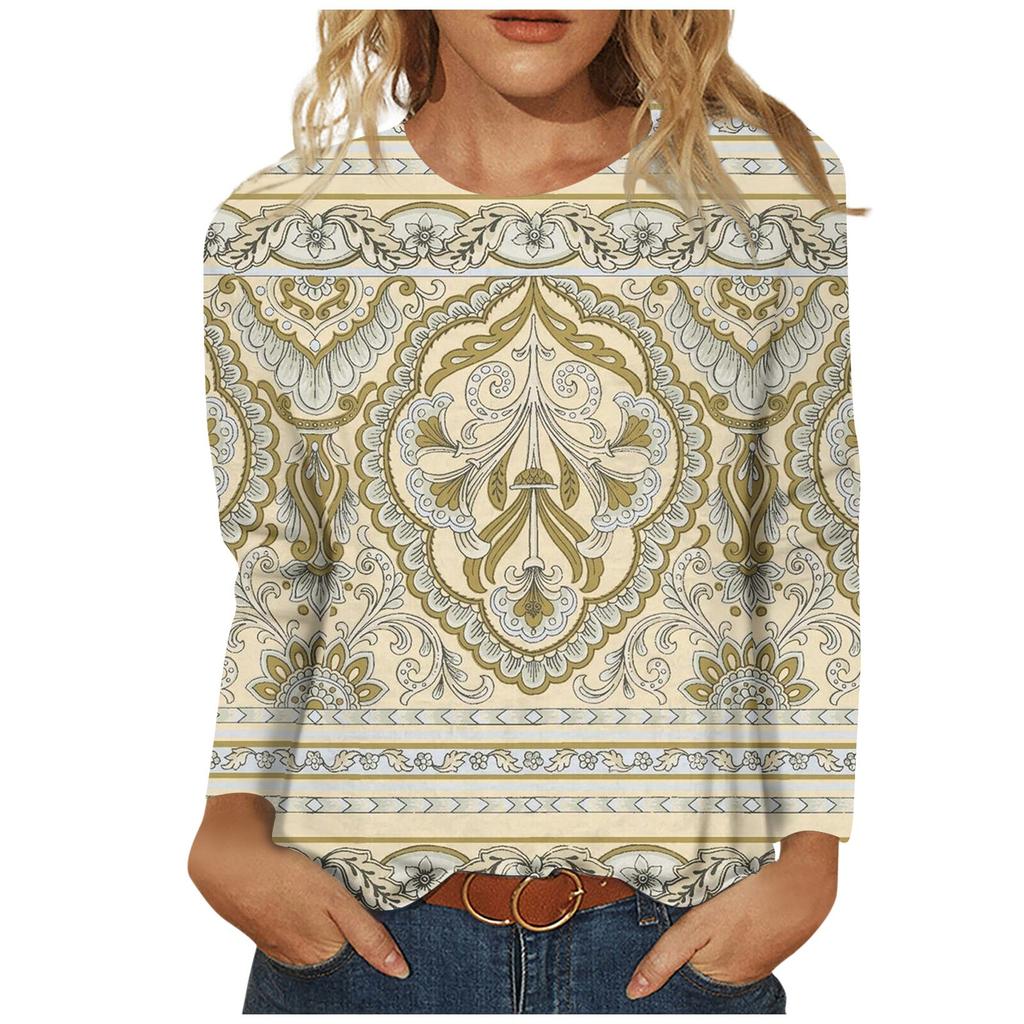 Женская мода повседневная с длинным рукавом и принтом с круглым вырезом, топ-пуловер, блузка, топы для женщин, женские топы и блузки 2024 года, нарядные топы