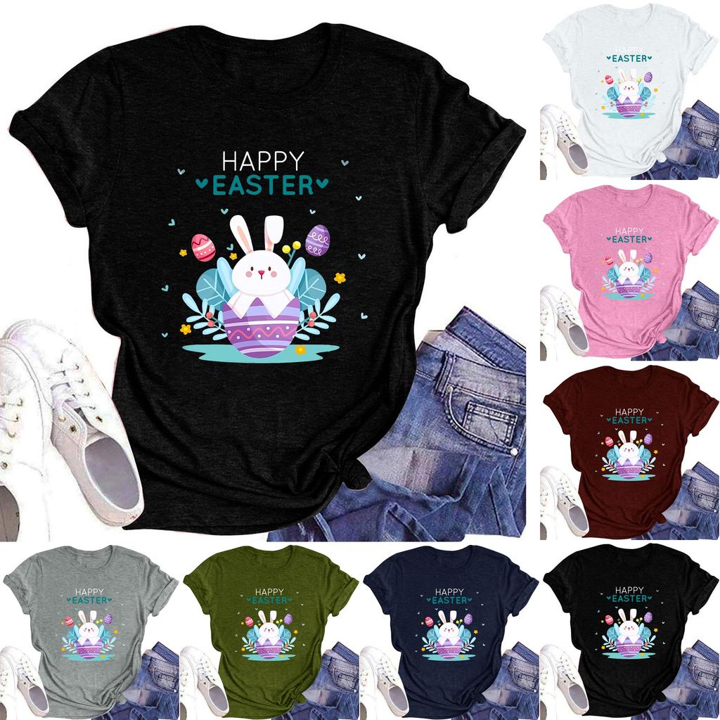 Women's Casual Short Sleeve Easter Printed Round Neck Short Sleeve T-Shirt Top