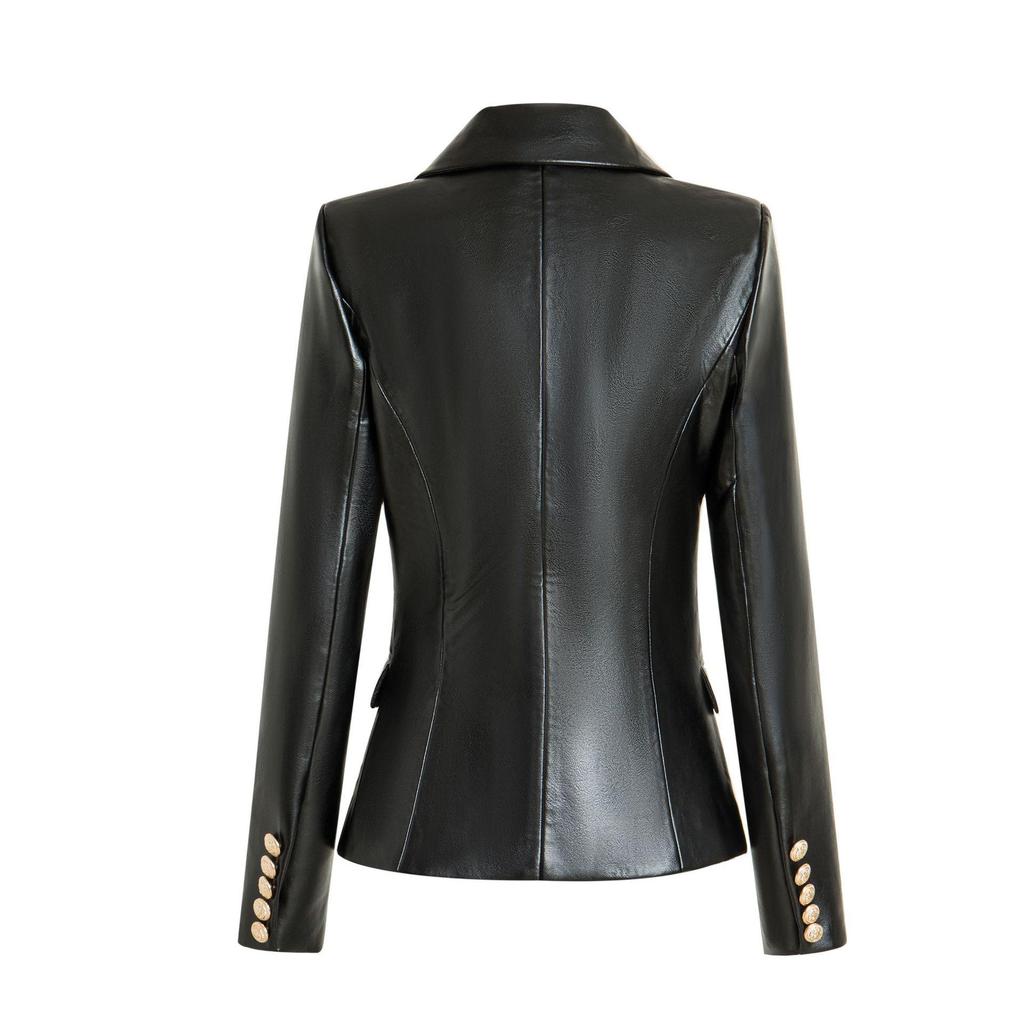 Black Long Sleeve Slim Fit Faux Leather Jacket with Suit Collar - Fall/Winter Collection